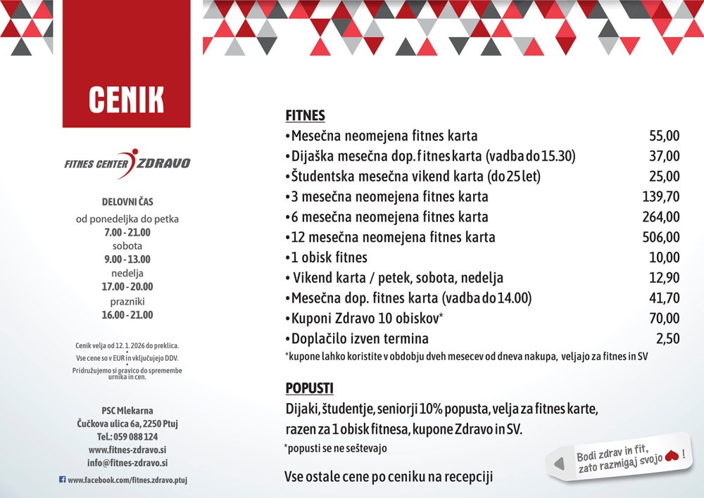 Cenik Fitnes center Zdravo